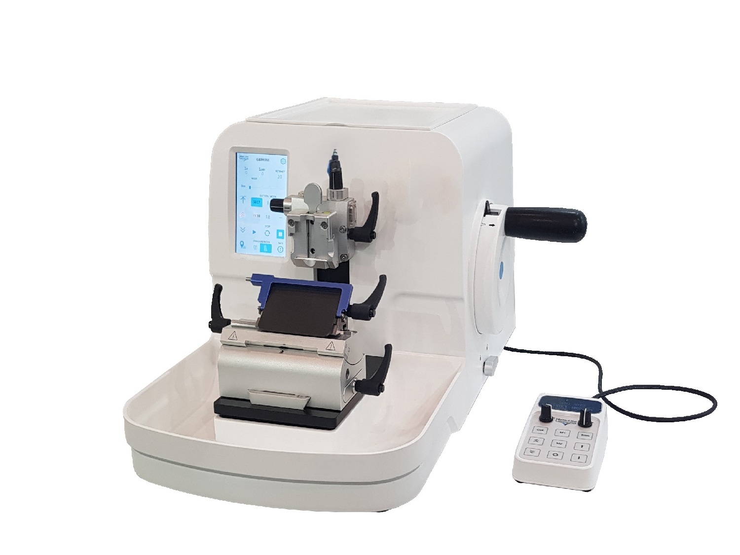 Panel de control táctil del microtomo MRS3500-S mostrando configuración de corte programable