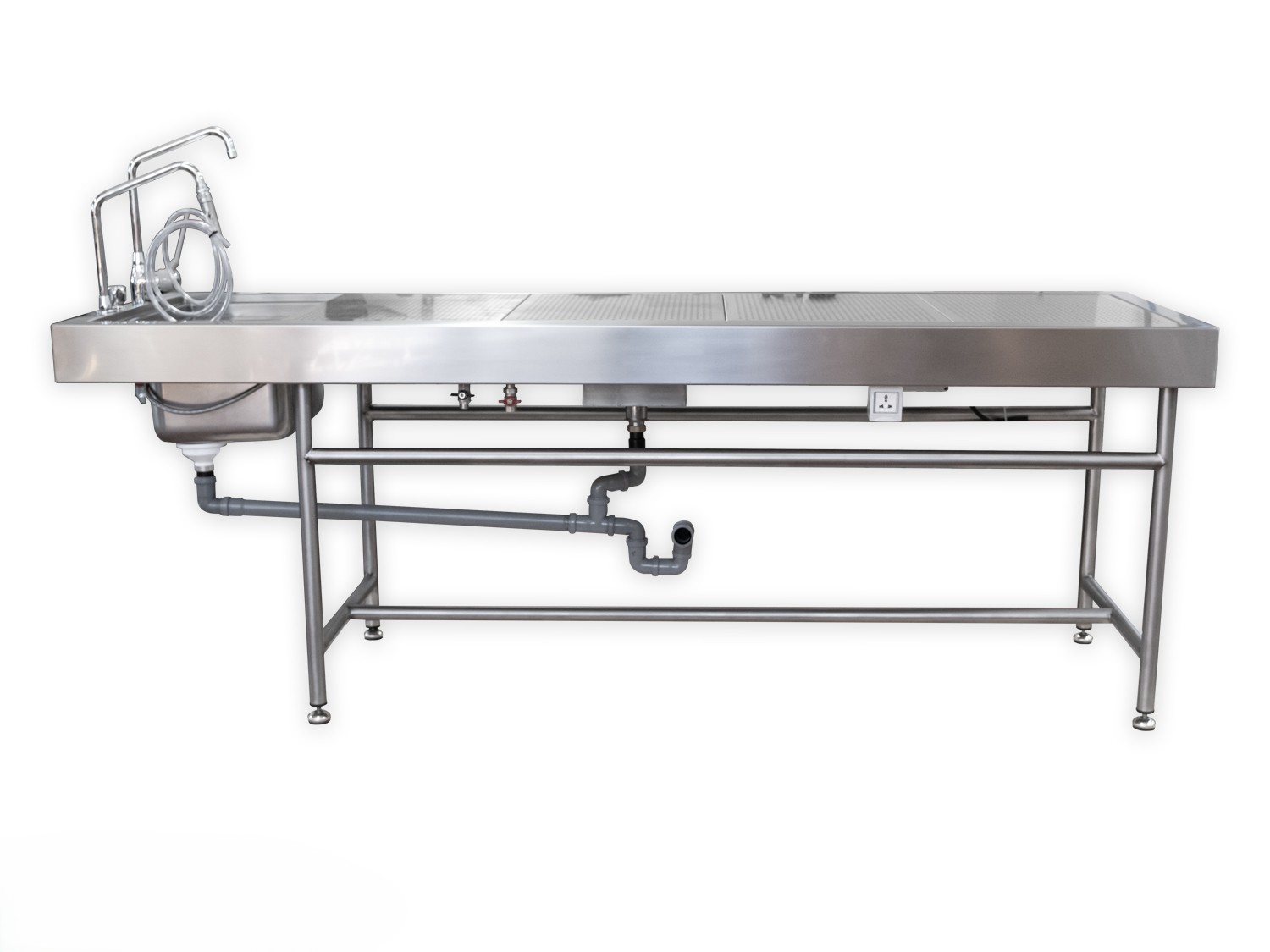 6ATP26 | Mesa de autopsia con estructura abierta, fregadero integrado y ducha de enjuague