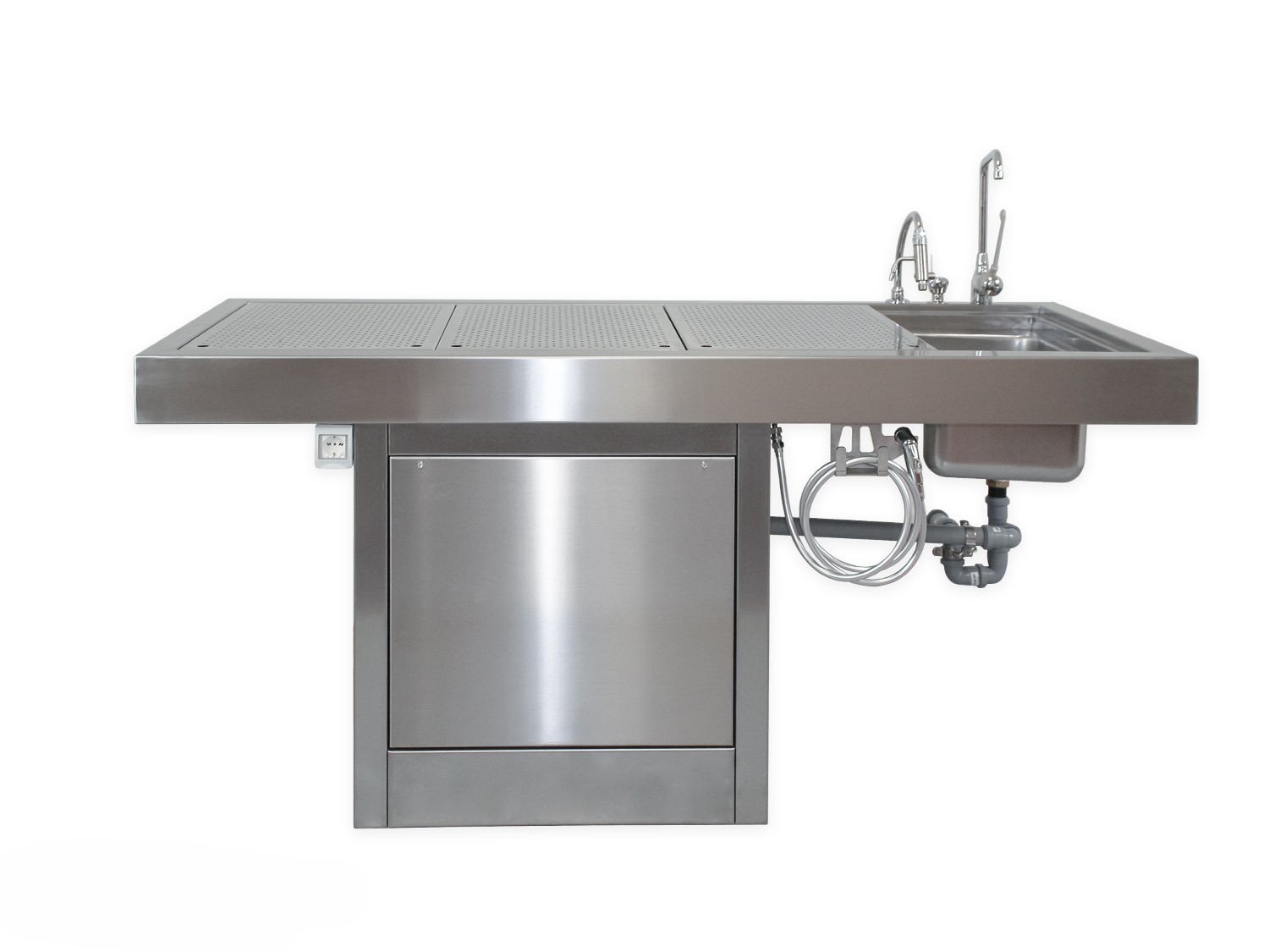 Vista frontal de la mesa de autopsia 6ATP299 con pedestal central y superficie ventilada en acero inoxidable AISI 304