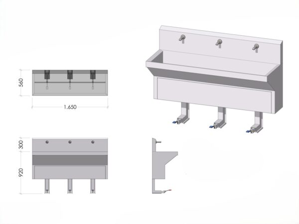 Lavamanos quirúrgico mural 6SS73 en sala hospitalaria, tres estaciones de lavado con control por pedal