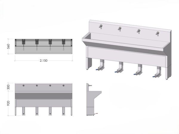 Lavamanos quirúrgico 6SS74 instalado en pared, cuatro estaciones con pedales independientes