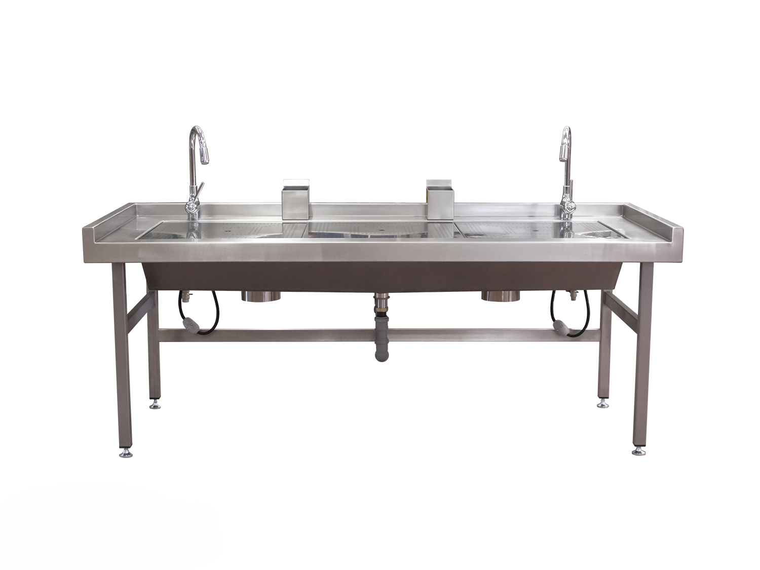 Vista superior de mesa de trabajo anatómico para dos usuarios con grifos y rejillas extraíbles