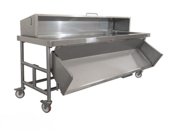 Detalle de la tapa abatible y sistema de drenaje con válvula de cierre en mesa de disección