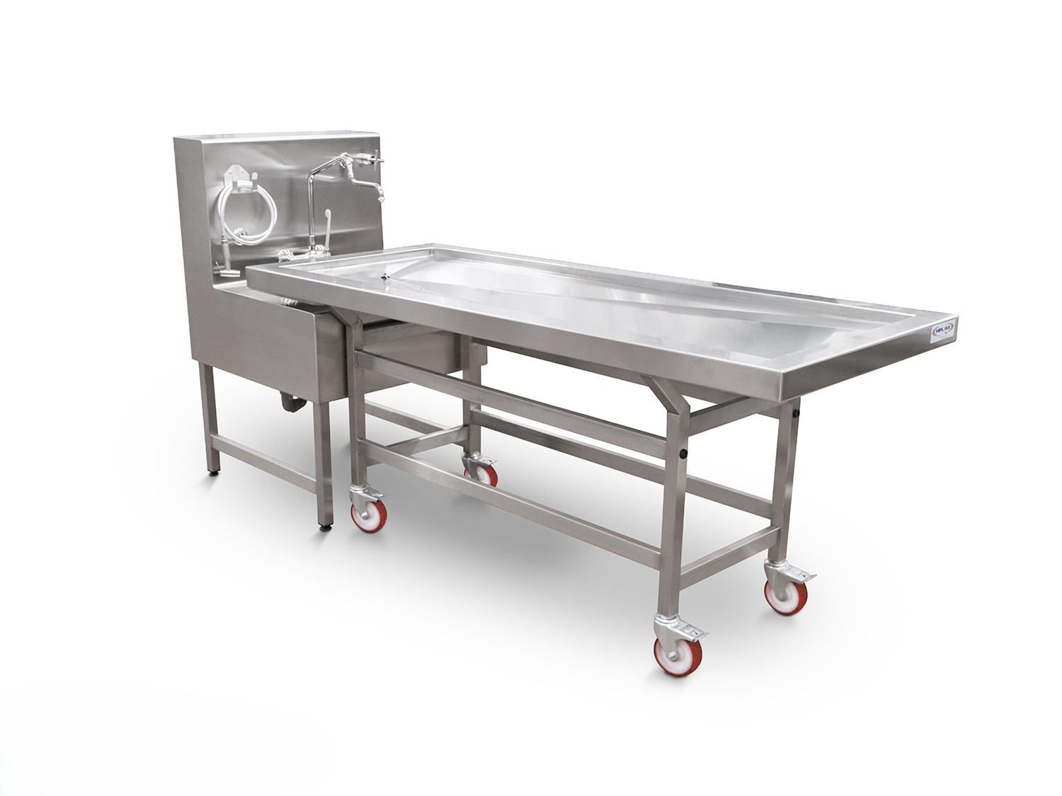 Detalle de la zona de drenaje y ruedas industriales del carro de autopsia ATPCART910-I