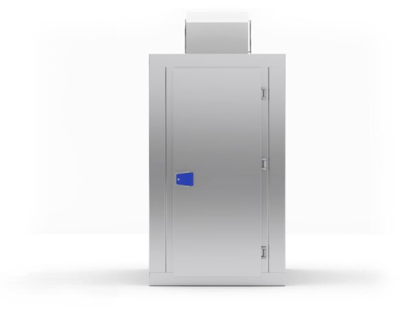 Cámara mortuoria refrigerada PC21 de dos cuerpos con estructura de paneles aislantes y puertas lisas reversibles.