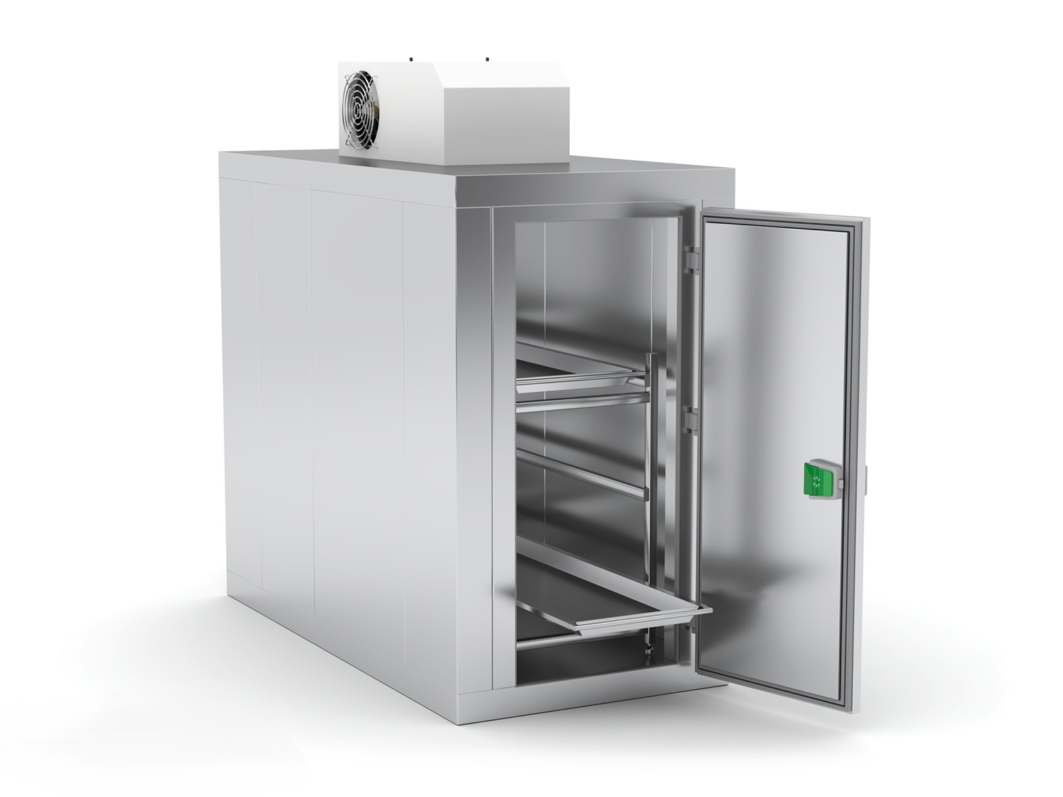 Interior de la cámara mortuoria PC21 con bandejas de acero inoxidable AISI 304 y sistema de riel deslizante