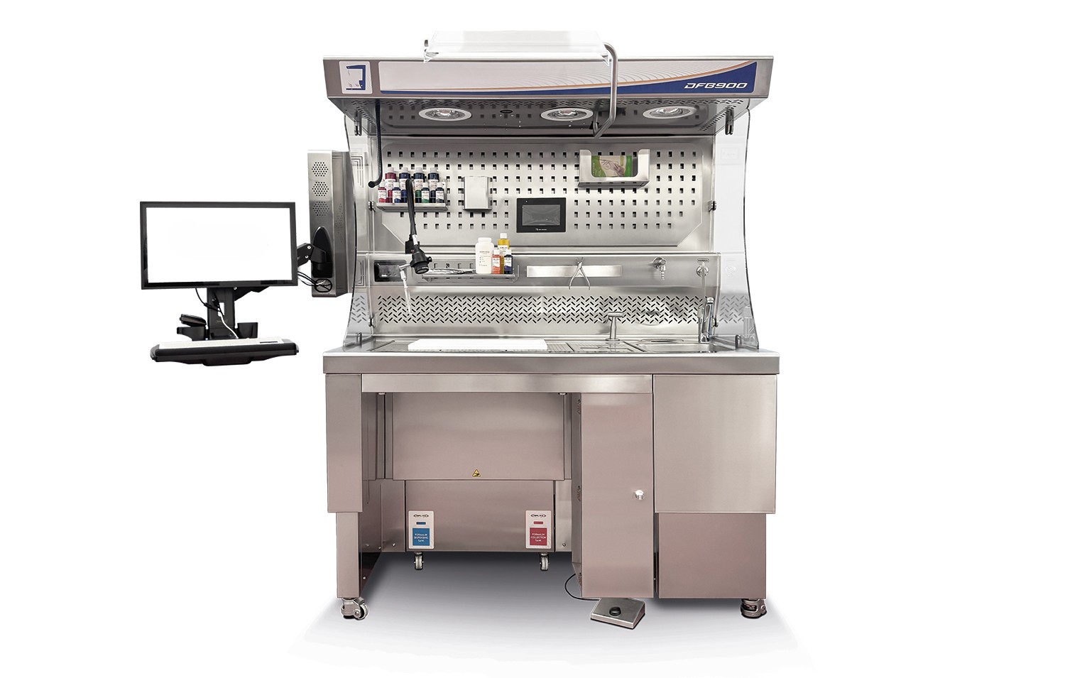 Estación de macroscopía elevable DFB900 para laboratorios de histopatología, con sistema de ventilación doble y panel digital