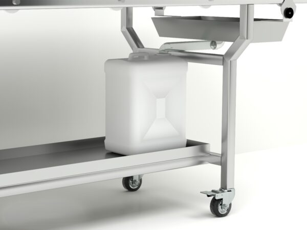 Vista lateral de mesa de disección con bandeja bloqueable y estructura en acero inoxidable