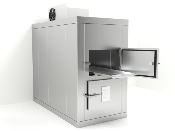 Vista frontal del modelo KC21 con dos compartimentos independientes y bandejas en acero AISI 304