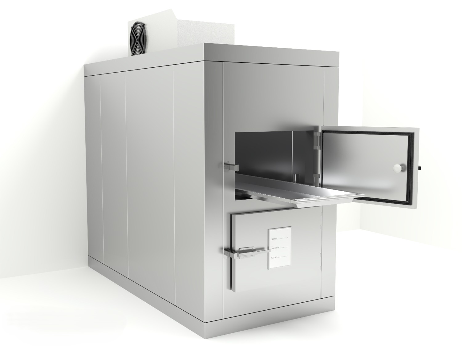 Vista frontal del modelo KC21 con dos compartimentos independientes y bandejas en acero AISI 304