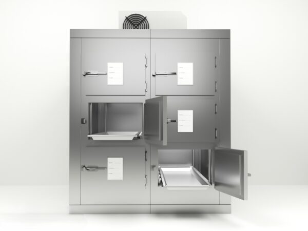 Cámara mortuoria KC62 de 6 cuerpos dividida en dos módulos con tres puertas cada uno.