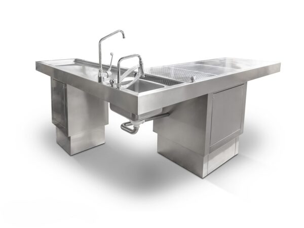 Mesa de autopsia en L elevable y ventilada ATPTABLE-LE con superficie de acero inoxidable