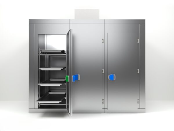 Vista frontal de cámara frigorífica mortuoria de 3 puertas con bandejas inox extraíbles