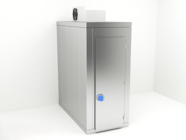 Vista lateral de cámara mortuoria refrigerada PC instalada con puertas lisas y sistema de control térmico