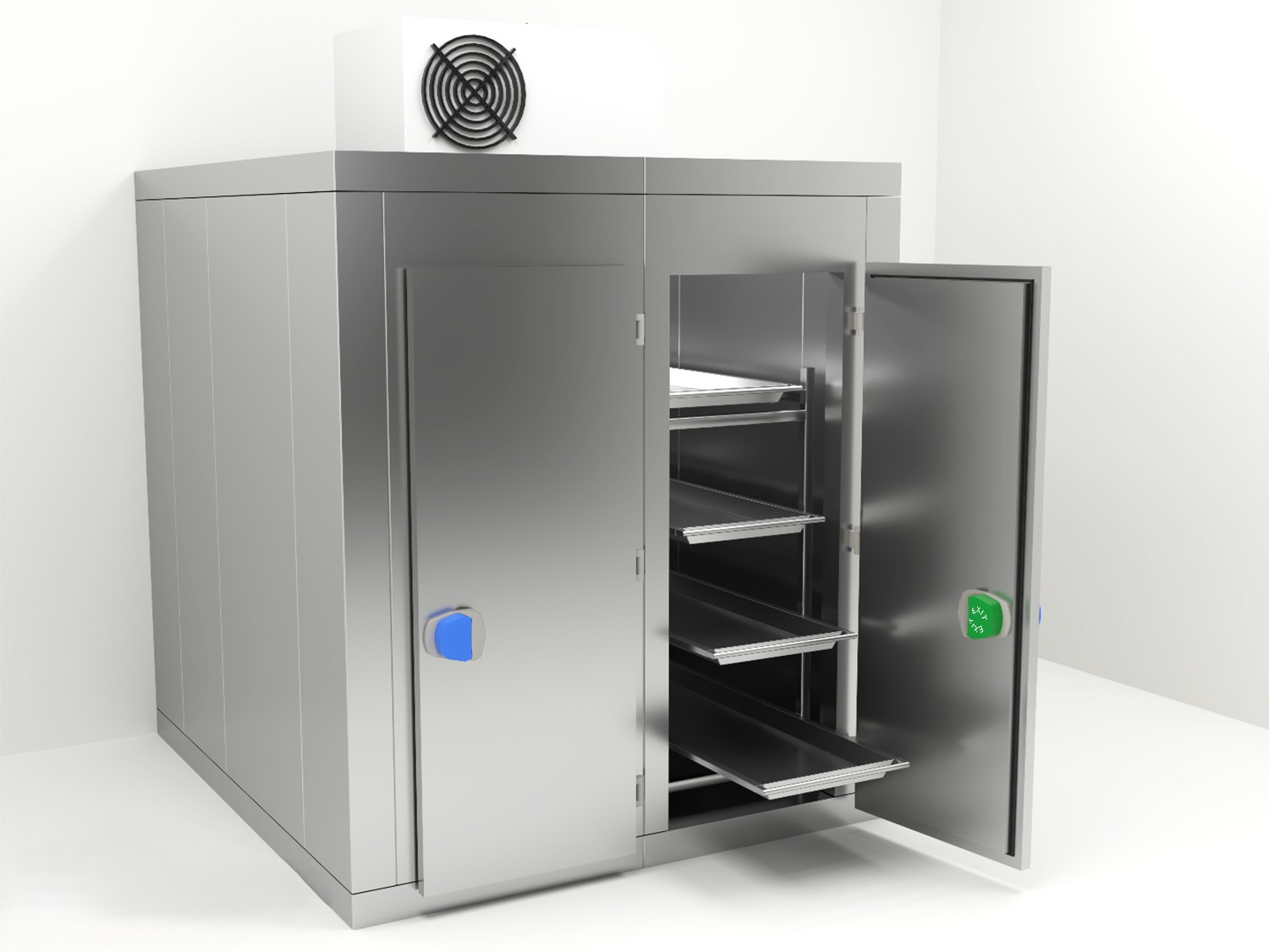 Interior de cámara mortuoria refrigerada con bandejas de acero inoxidable y estructura sanitarial.