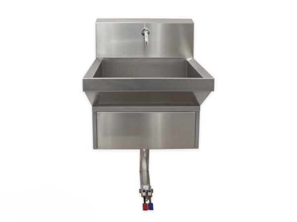 Lavamanos quirúrgico mural de acero inoxidable AISI 304 con pedal, vista frontal - modelo SCRUBSINK600