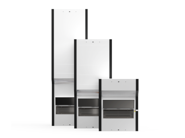 Sistema automatizado vertical para almacenamiento de cuerpos EVOLMAG con bandejas extraíbles en estructura modular de acero inoxidable.