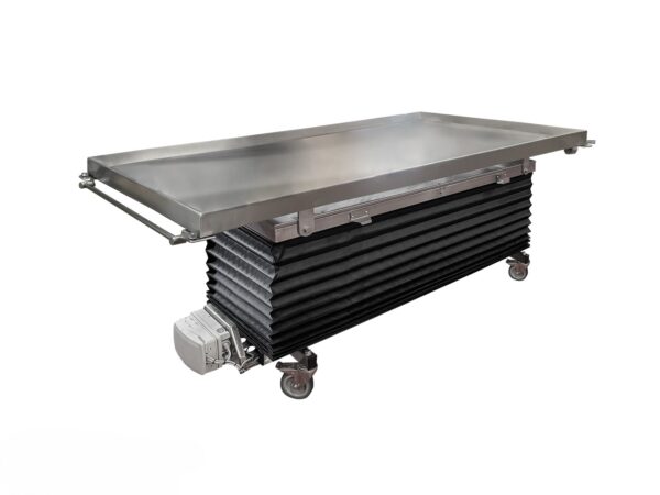Carro elevador para cuerpos con bandeja fija y altura ajustable entre 60 y 90 cm.