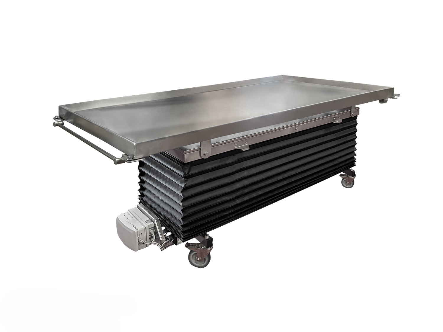 Carro elevador para cuerpos con bandeja fija y altura ajustable entre 60 y 90 cm.