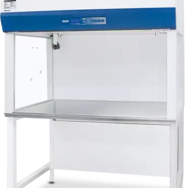 Cabina de flujo laminar horizontal con iluminación LED y superficie de trabajo en acero inoxidable.