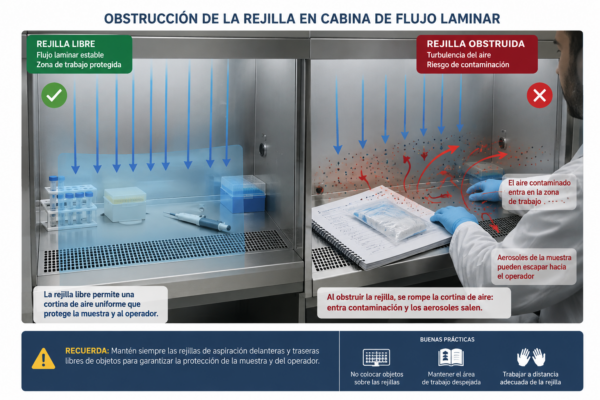 La imagen muestra la zona útil de la cabina de flujo laminar. En el lado izquierdo una cabina de flujo laminar con una rejillar libre de objetos. Las pipetas, lo tubos y racks se encuentran en la zona que no tiene rejillas haciendo posible la libre circulación del aire. En el lado derecho se muestra la misma cabina, en esta ocasión hay un cuaderno encima de las rejillas, una mano encima y el aire lo que dificulta el paso del aire. En esta última hay un texto donde dice «Turbulencia del aire. Riesgo de contaminación».