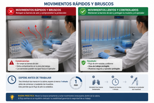 Tenemos el interior de dos cabinas de flujo laminar. En la cabina del lado izquierdo hay una mujer agitando efusivamente las manos en el interior de la cabina, haciendo así que se rompa la barrera de aire. En el lado derecho la mujer tiene las manos quietas en el interior de la cabina permitiendo que el flujo sea estable.