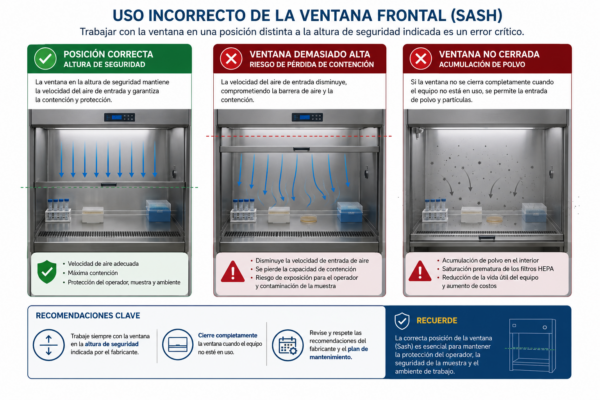 Se ve el espacio útil de 3 cabinas. En la imagen de la izquierda hay una ventana la cual está bajada a la mitad del espacio útil de la cabina permitiendo la protección de las muestras y el usuario.
En la cabian del centro la ventana está subida casi del todo, disminuyendo la velocidad de entrada de aire y fomentando el riesgo de exposición dell operador y la contaminación de la muestra.
A la derecha la ventana está cerrada completamente. Este caso tambiñén es erróneo ya que se acumula el polvo en el interior y se satura de manera prematura los filtros.