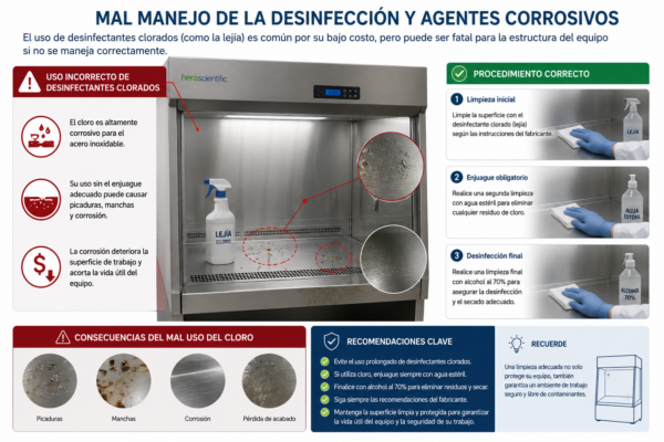 Muestran el interior de la cabina de flujo laminar con una limpieza inadecuada. Hay un pulverizador de lejía en el interior y varias manchas de óxido y suciedad. En el lado derecho se indican usos más adecuados acerca dle mantenimiento de la cabina como:
1. Limpiar la superficie de trabajo con lejía.
2. Usar posteriormente agua estéril para quitar los residuos de lejía y permitir que esta no oxide el acero inoxidable.
Por último se recomienda pasar un paño con alcohol al 70%
