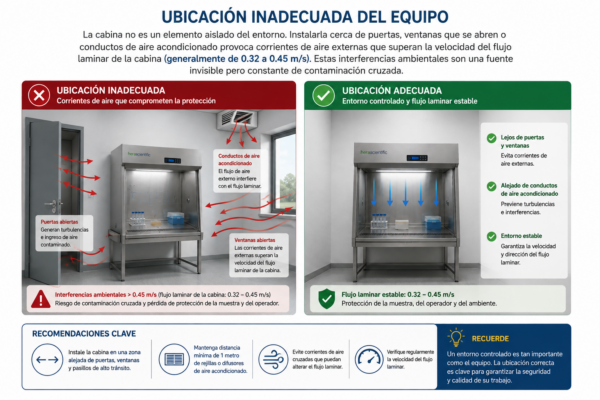 Se muestran dos imágenes. En el lado izquierdo una cabina de flujo laminar con una puerta abierta al lado, una ventana donde entra aire y un conducto de aire acondicionado. En el lado derecho se muestra la cabina de flujo laminar sin ninguno de estos elementos citados antes a su alrededor