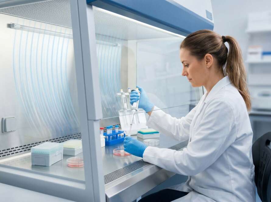 Una mujer con bata blanca y guantes de laboratorio sentada frente a una cabina de flujo laminar. Sujeta una Pipeta y un tubo. Frente a ella tiene placas petri y varios racks de tubos para las muestras.
